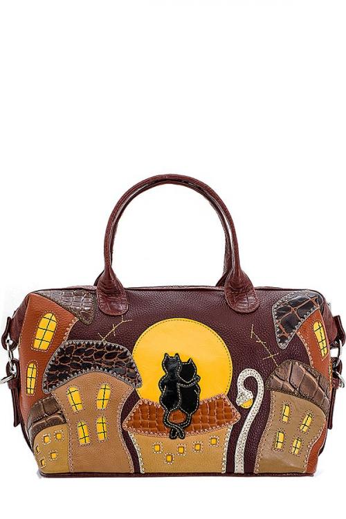 Кожаная сумка женская с аппликацией Город №6 Ночь PROTEGE - Фабрика сумок «PROTEGE»
